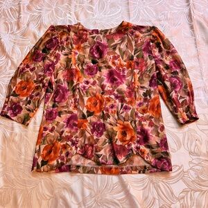 Vintage Floral Scoop Neck Blouse Puff Sleeve Pearl Buttons Scallop Hem - Medium